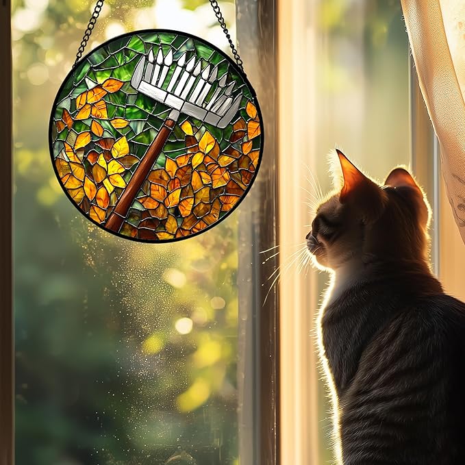Stained Glass Window Hanging 4 Pcs Set Gardening Tools Large 15 - Suncatcher Door Garden Sun Catcher Decor Birthday Mother's Day for Gardener Men Woman Nana Mam Friend