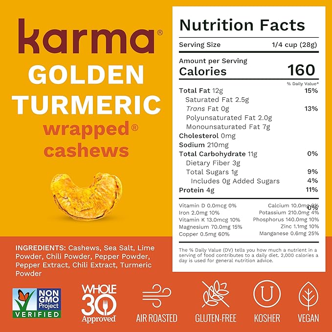Golden Turmeric Wrapped Whole Cashews by Karma Nuts Air Roasted with Natural Skins 2X more Fiber Whole 30 Peanut-Free Facility Kosher Everyday Nut Snack 7oz Resealable Bag - 6 pack