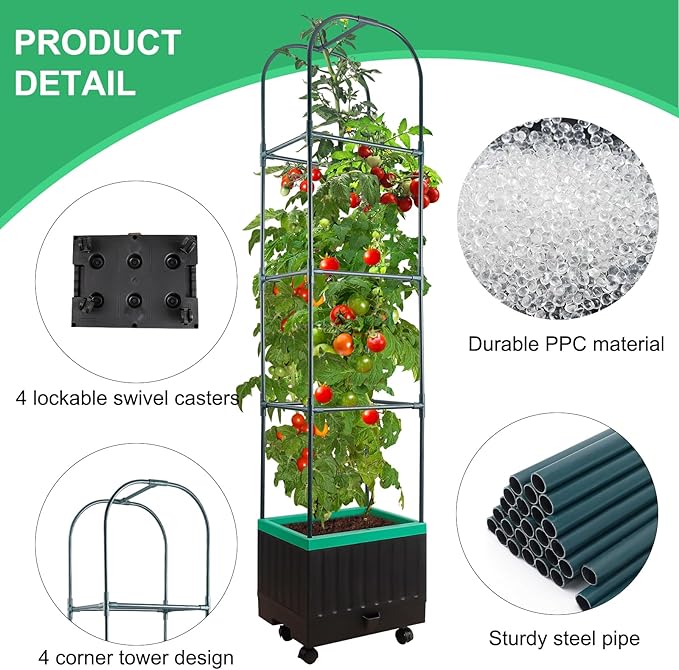 Raised Garden Bed with Self Watering Garden Pots Planter Box with Trellis for Climbing Plants Vegetable Vine Flowers Tomato Cage Planter for Indoor Outdoor Yard Greenhouse Use