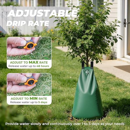 HIRALIY 20 Gallon Tree Watering Bag 2 Pack Slow Release 1-5 Days Deep Root &amp Automatic Drip Irrigation System for Multi-Trunk Newly Planted Small Trees and Shrubs