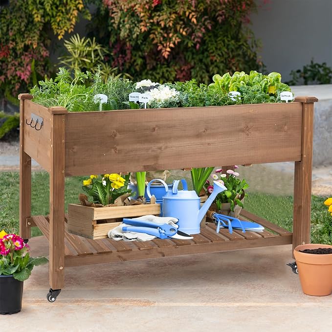 PetsCosset Raised Garden Bed with Wheels Elevated Wooden Planter Box with Bed Liner and Storage Shelf for Vegetables Herbs and Flowers - Brown