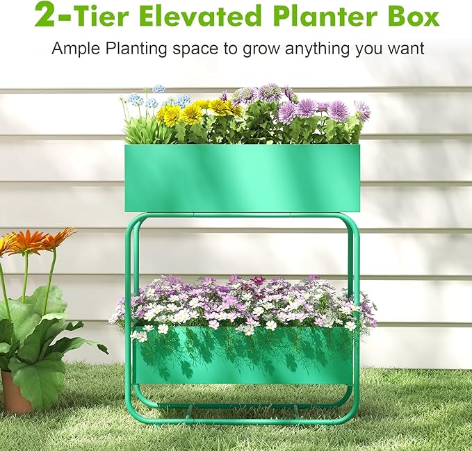 AIIT 2-Tier Metal Raised Garden Bed Planter Box with Drainage Double Layer Flower Stand for Vegetables and Herbs Indoor Outdoor