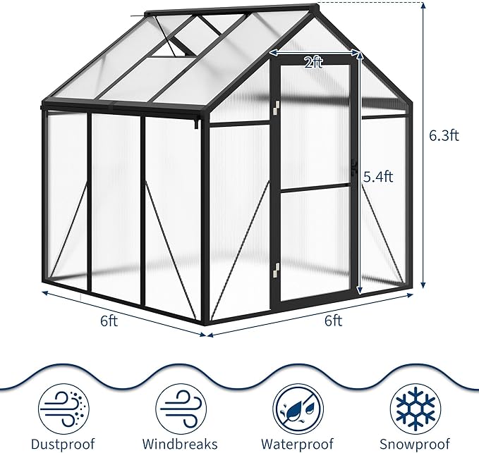 6x6 FT Greenhouse Greenhouses for Outside Polycarbonate Greenhouse with Aluminum Frame Lockable Door and Ajustable Roof Vent for Backyard Green Houses for Outside Garden Backyard Patio