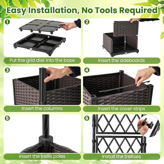 Giantex Raised Garden Bed with Lattice Trellis Self-Watering Planter Box with Drain Hole for Vine Vegetable Herb Flower Fruit Indoor Outdoor Standing Privacy Fence for Yard Porch Balcony