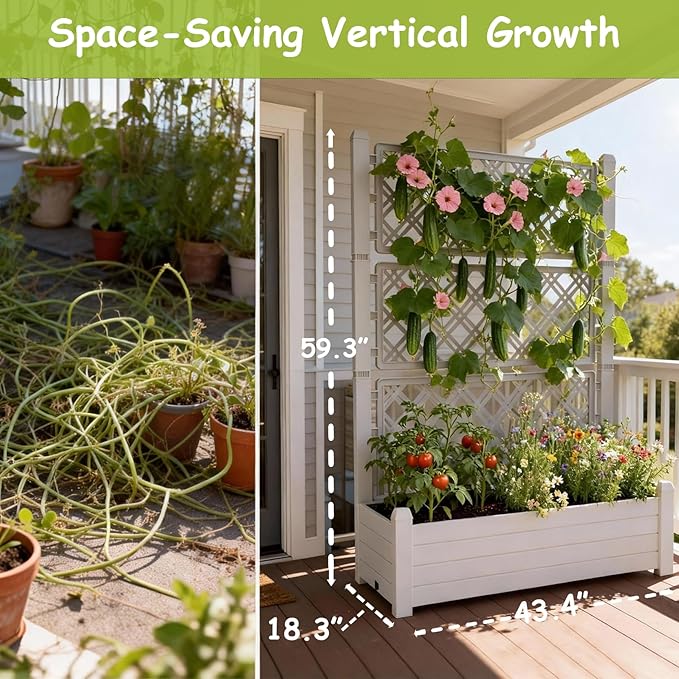 5.3' Tall Raised Garden Bed with Trellis Self Watering Planter Box for Outdoor Climbing Plants Resin Garden Lattice for Vegetables Flowers Tomato &amp Vine with Drainage Holes (Ashen 1 PC)