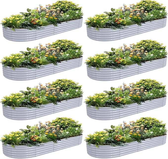 8 Pack 8x3x1.5FT Galvanized Raised Garden Bed Kit Oval Metal Ground Planter Box Outdoor Bottomless Planter Raised Beds for Vegetables Flowers Herbs Fruits Gray