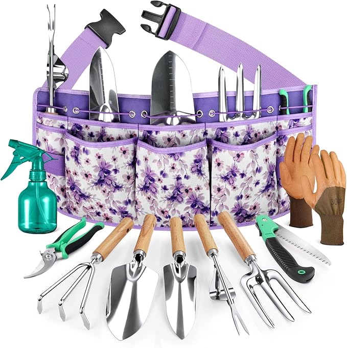 All-in-One Garden Tool Set with Tools Organizer Belt Adjustable 10-Piece Gardening Hand Tools Long Lasting Rust-Proof Premium Garden Tool Kit Gardening Gift for Women Men (Purple)