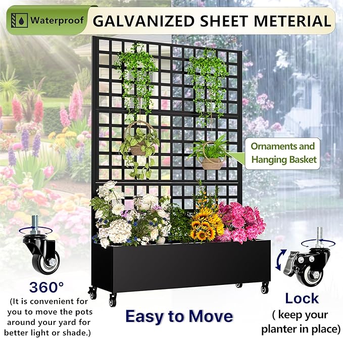 Metal Planter Box with Trellis72x47x16Galvanized Steel Outdoor Raised Garden Bed with Privacy Screenwith Drainage Holes &amp Lockable Casters for Climbing PlantsVegetablesand Vines.(Grid-Black