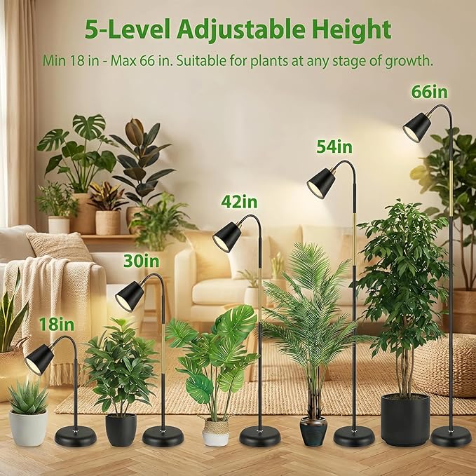 Floor Lamp Grow Lights for Indoor Plants Adjustable Height Tall Standing Plant Light with Remote &amp Timer 360° Gooseneck Full Spectrum Dimmable Weighted Base