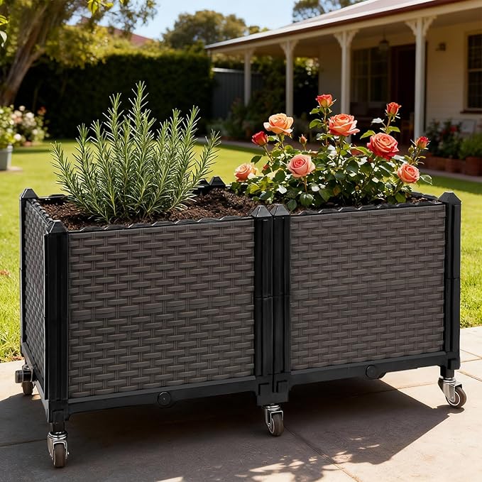 Raised Plant Box with Wheels 31.5x15.7x16.1 Raised Beds for Gardening Self Watering Durable Metal Lockable Casters Rectangular Garden Planter Perfect for Garden Patio Balcony Deck