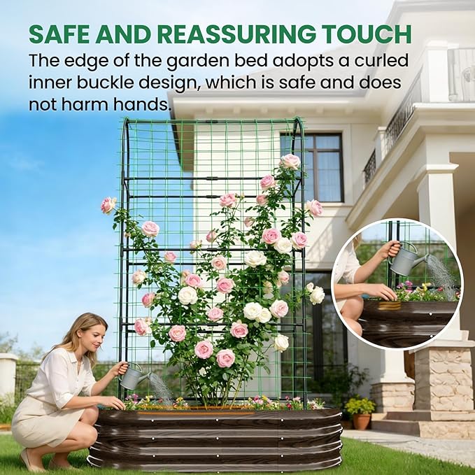 SUNYRISY 2Pack Galvanized Raised Garden Bed with 71in Arch Trellis for Climbing Plants Outdoor Planter Box with Climbing Net for Gardening Flowers Vegetables Fruits Herbs Wood Grain