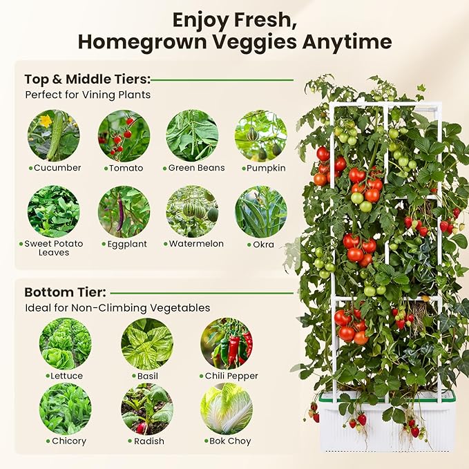BAOSHISHAN Hydroponics Growing System with Trellis 60 Height Adjust Indoor Gardening System Pollinator&ampVine Securing Clip Hydroponic Tower for Tomato Pepper Cucumber Vines Plant