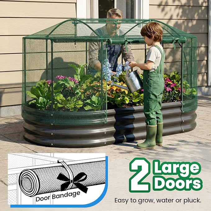 Quictent Galvanized Raised Garden Bed Kit with Self Watering System and Mesh Cover Large Oval Metal Outdoor Planter Garden Boxes for Vegetables Herbs Flowers 6x3x1Ft