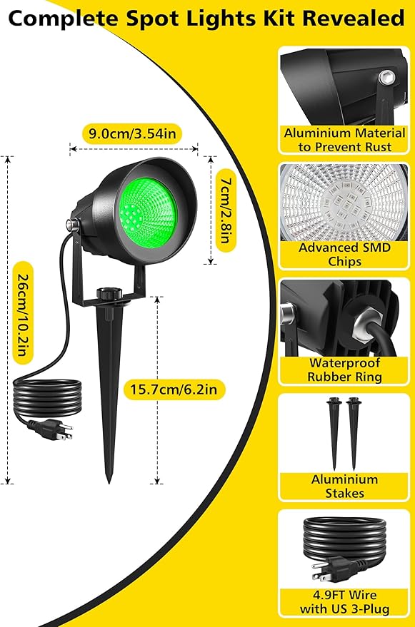T-SUN Green Spotlight Outdoor Waterproof LED Landscape Lighting with US Plug Easy Install 270° Adjustable Outdoor Spot Lights for Garden Tree Yard Decor 2 Pack