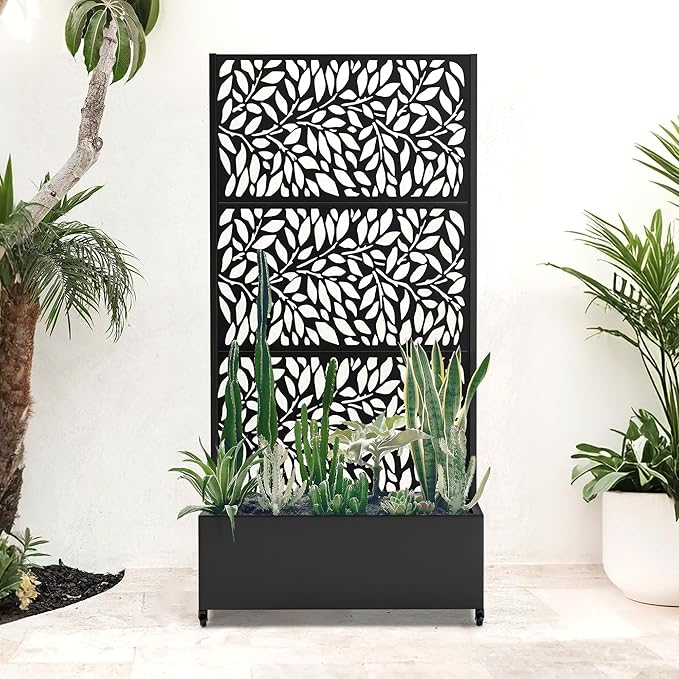 Metal Planter Box with Trellis and Wheels 35 L×16 W×71 H Outdoor Raised Beds with Privacy Screen Drainage Holes for Climbing Plants (Black Leaf)