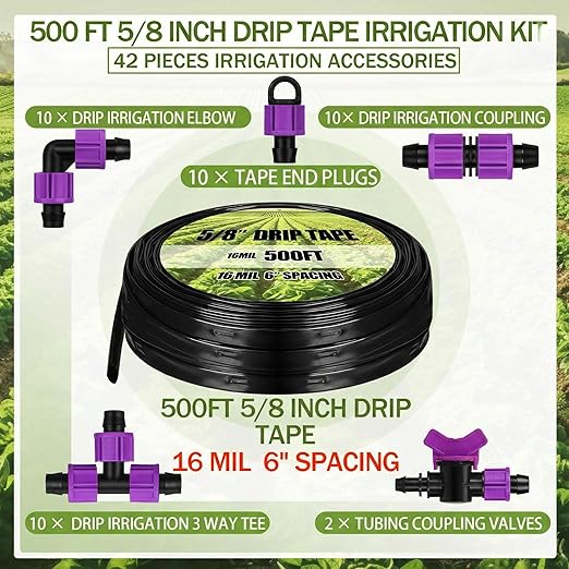 Tondiamo 500' 5/8 Inch Drip Tape Irrigation Tubing Kit 16 Mil 6 Spacing Garden Hose Watering Tube Line Automatic Equipment for Garden Irrigation System Farms Landscape Lawn