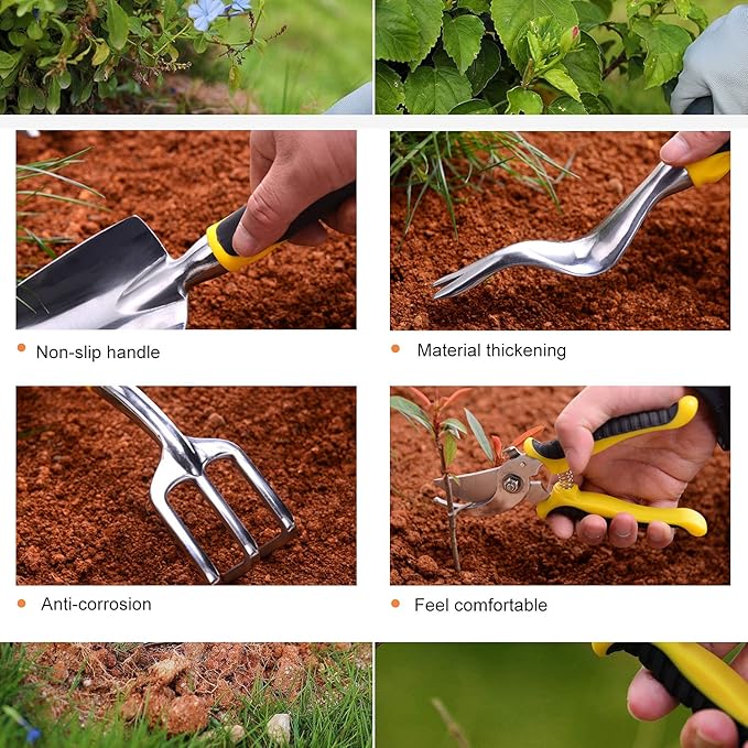 Garden Tools Set - 7 Piece Heavy Duty Aluminum Gardening Tools for Digging Planting and Pruning Gardening Gifts for Men Wome Kids