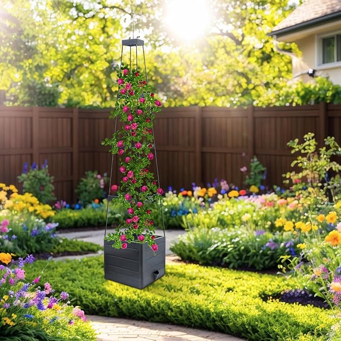 Raised Garden Bed with Trellis - Self-Watering Planter Box for Tomatoes Vegetables &amp Flowers Weather-Resistant for Patio &amp Greenhouse