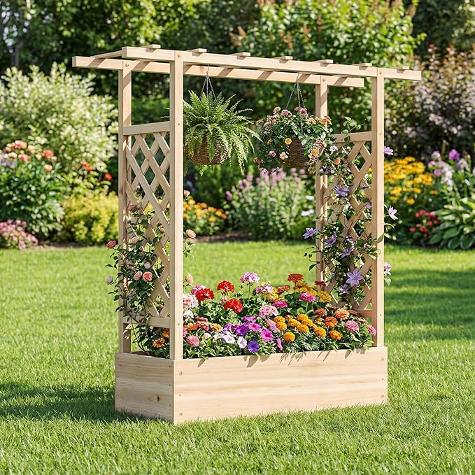 Raised Garden Bed with Trellis Wood Planter Box w/Trellis Hanging Roof Drainage Holes Freestanding Planter Raised Bed for Outdoor Climbing Plants Flowers Patio Yard Balcony (2 Natural)