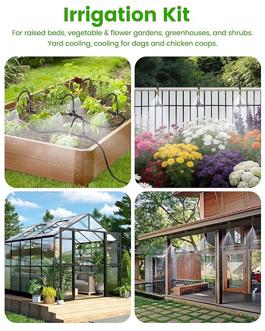 240FT Drip Irrigation System for Garden with 36 Nozzles –360° Adjustable Misting Nozzles Quick-Connect Design Ideal for Raised Beds Lawns Greenhouses &amp Outdoor Cooling