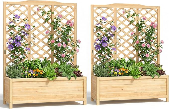 Wooden Raised Garden Bed with Trellis Freestanding Planter Box with Drainage for Vines Climbing Plants Flowers Herbs Elevated Gardening Planter for Backyard Balcony Patio