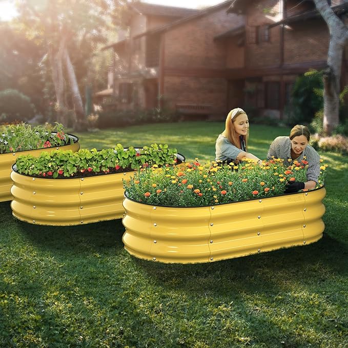 Raised Garden Bed Kit 4x2x1ft Galvanized Planter Box with Rubber Safety Edging Metal Garden Beds for Vegetables Flowers Herbs Backyard &amp Patio (Cream Yellow)