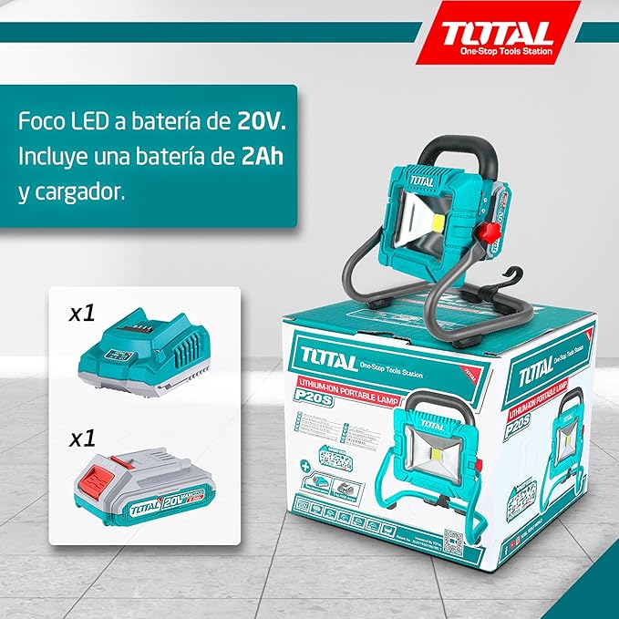 TOTAL - Battery LED Spotlight | 63 x 23 x 3 cm | Blue | 900-1800 Lumens | Rechargeable LED Spotlight for Outdoor Lighting