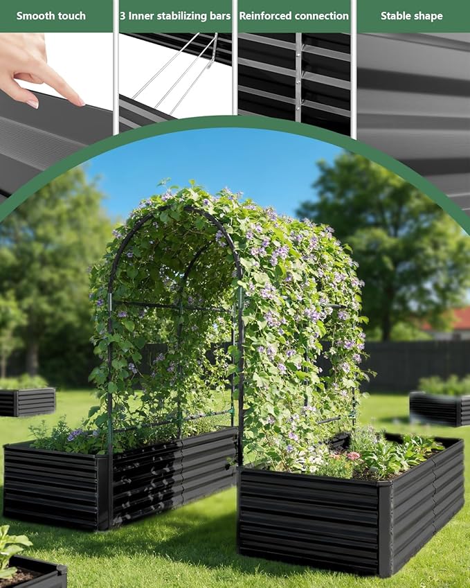 FOOWIN Raised Garden Bed with Arch Trellis for Climbing PlantsGalvanized Raised Garden BedPlanter Boxes Outdoor for Vegetables Flowers Herb478 Gallon Capacity Black