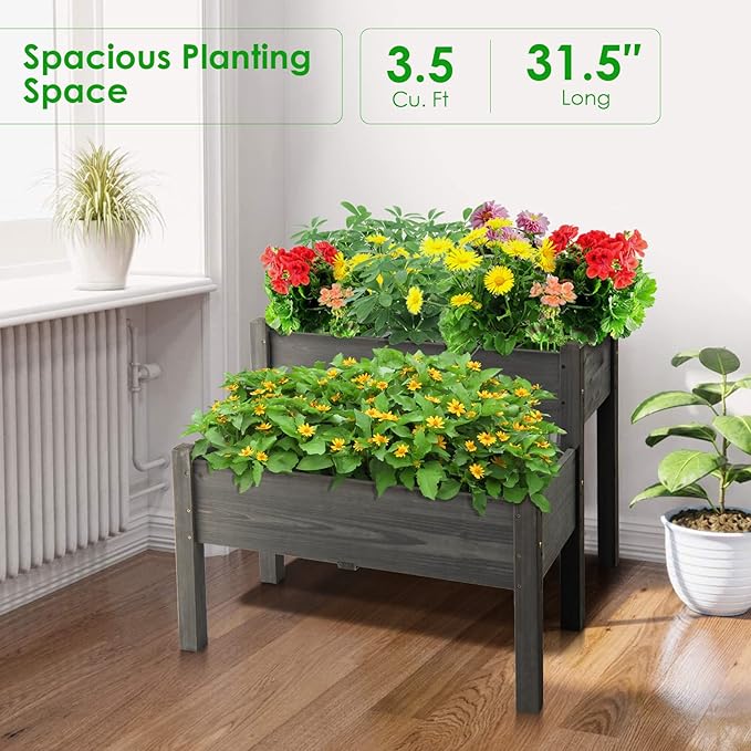 S AFSTAR Raised Garden Bed Set of 2 Wood Elevated Planter Beds with 8 Drainage Holes &amp 2 Planter Boxes 3.5 Cu.Ft Outdoor Planting Container for Flowers Vegetables Herbs