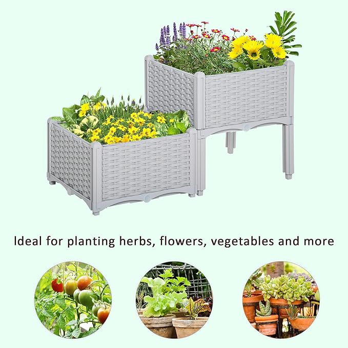 2 Piece Raised Garden Bed with Legs Self-Watering Planter Box Raised Bed to Grow Flowers Herbs &amp Vegetables Gray