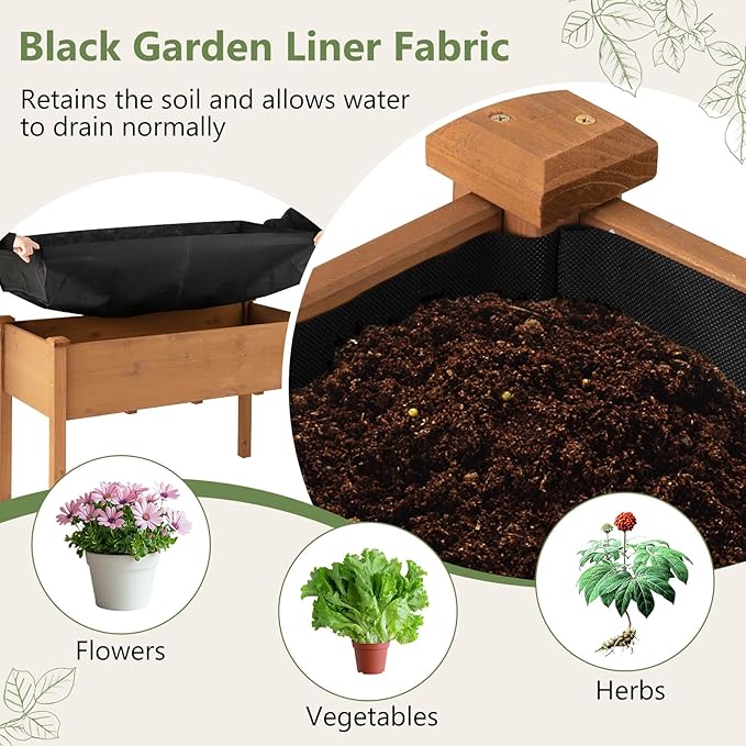 HAPPYGRILL Raised Garden Bed Outdoor Wood Garden Box w/Legs Drainage Holes Black Garden Liner Fabric Solid Wood Frame Elevated Planter Box for Backyard Patio Balcony 49” x 23” x 30” (L x W x H)