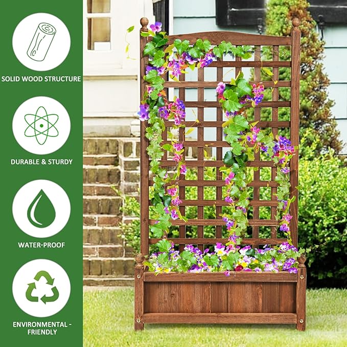 2 Pcs Raised Garden Bed with Trellis 25 x 11 x 48 Inch Wood Planter Box w/Drainage Holes Freestanding Planter for Climbing Plants Flowers Vines Outdoor Patio Yard Balcony