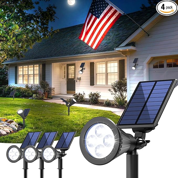Solar Lights Outdoor Waterproof IP656500K Super Bright LED2 Lighting Modes Solar Powered Yard Garden Solar Spot Lights for Flag Landscape Auto On/Off-4 Pack