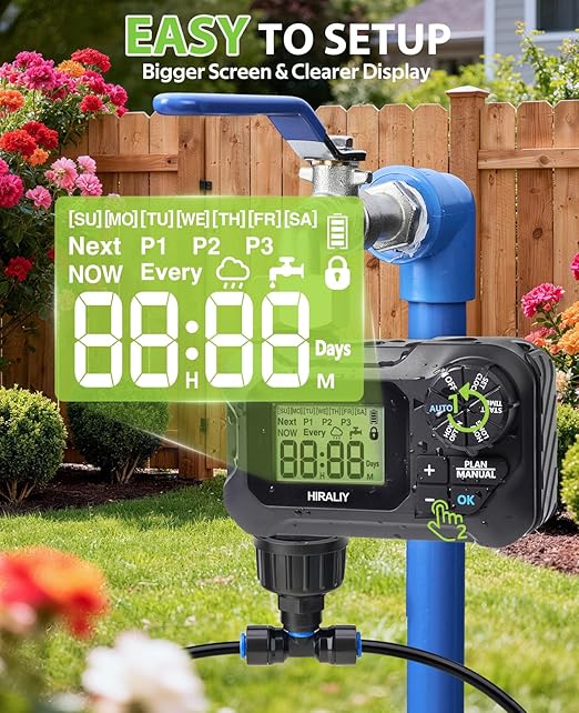 HIRALIY 100FT Pressure Compensated Drip Irrigation System with Timer No-Leak Quick Connect Automatic Watering System 24 Adjustable Emitters for Uniform Flow Garden Patio Raised Bed