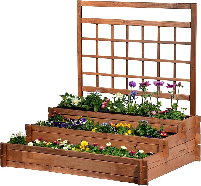 raised bed three-level Peru wooden with climbing trellis: planter box cold frame construction kit for vegetables brown 110x88x115 cm 58185FSC