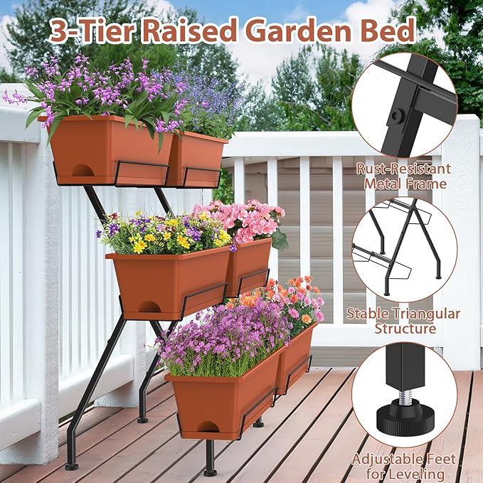 Sunexinlo 3-Tier Vertical Garden Planter with 6 Boxes 31 Tall Raised Garden Bed with Adjustable Feet for Herbs Flowers Vegetables Ideal for Indoor Outdoor Patio Balcony Deck Use Brick Red