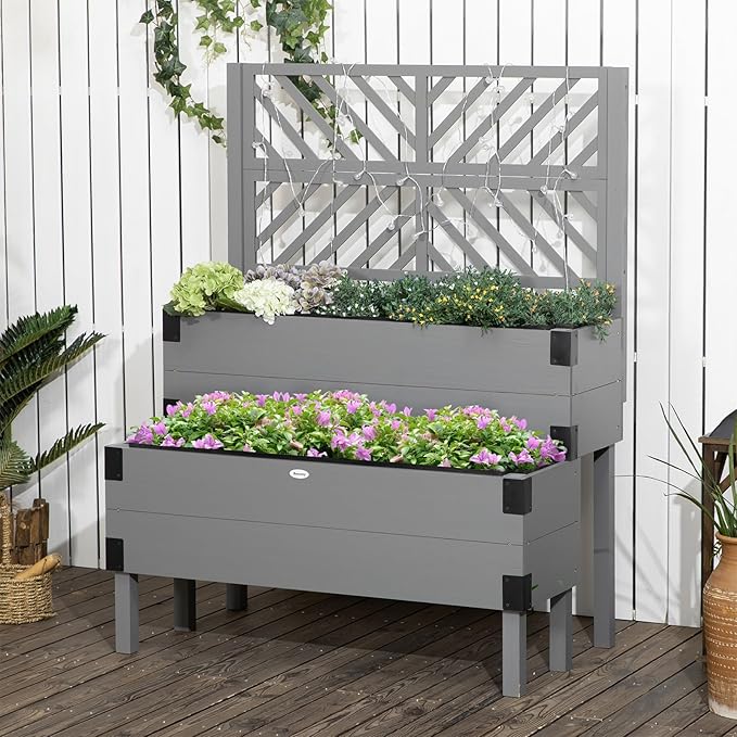 Raised Garden Bed with Trellis - 2 Tier Wooden Elevated Planter Box with Legs and Metal Corners - Ideal for Vegetables Flowers Herbs