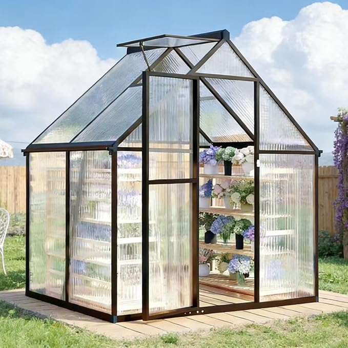 6x4 FT Greenhouse for Outdoors Polycarbonate Greenhouse with Quick Setup Structure and Roof Vent Aluminum Large Walk-in Green House for Outside Garden Backyard Dark Gray