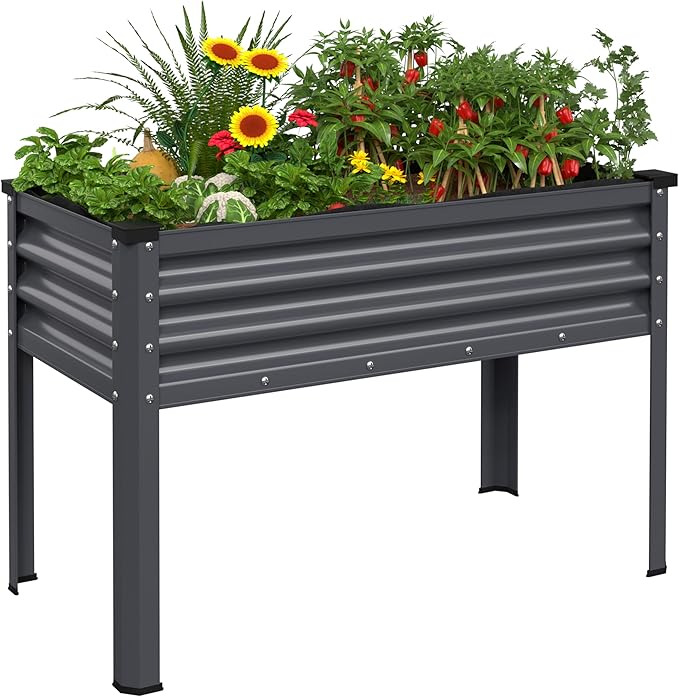 MUPATER Galvanized Steel Raised Garden Bed with Legs 48 L x 24 W x 32 H Large Metal Elevated Raised Planter Box with Detachable Black Liner for Backyard Garden Balcony Gray