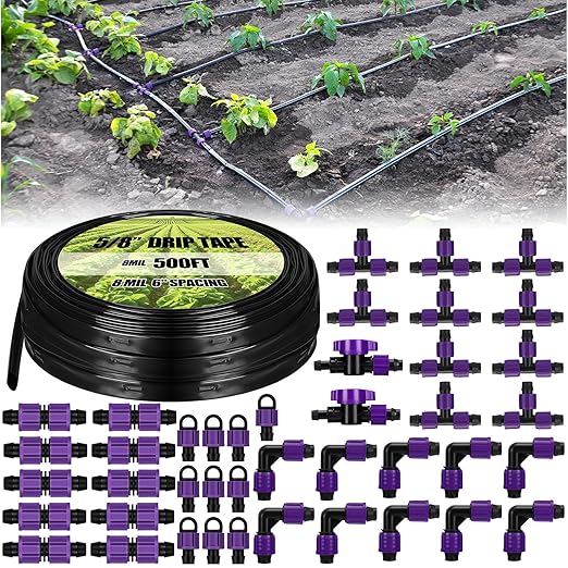 Tondiamo 500' 5/8 Inch Drip Tape Irrigation Tubing Kit 8 Mil 6 Spacing Garden Hose Watering Tube Line Automatic Equipment for Garden Irrigation System Farms Landscape Lawn