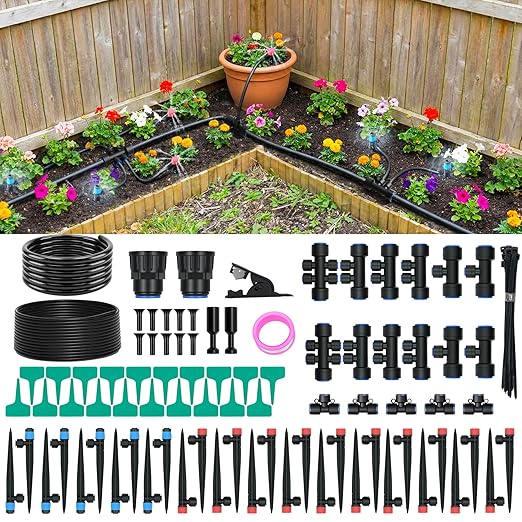 100FT Drip Irrigation System for Garden 2026 Upgraded DIY Automatic Plant Watering Kit with Push-Fit Connectors 30 Water-Saving Adjustable Drip Emitters for Yard Lawn &amp Greenhouse
