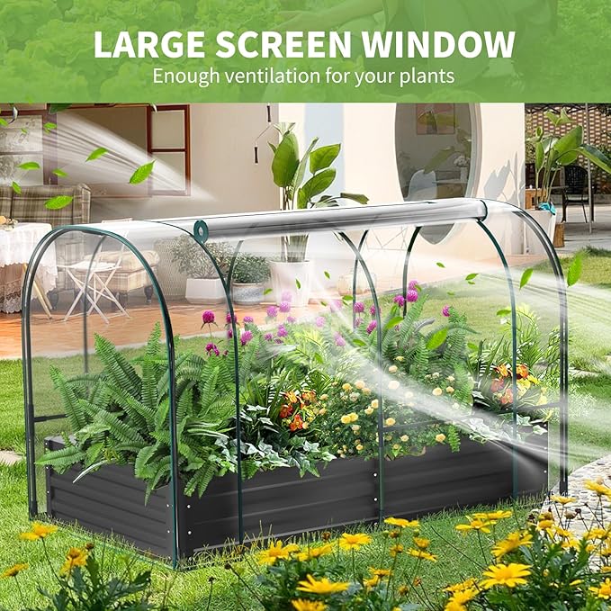 DoCred Galvanized Raised Garden Bed with PVC Cover 72.8 x 37.4 x 47.2 Metal Planter Bottomless Box w/ Roll-Up Window Mini Greenhouse Tent for Outdoor Growing Vegetables Flower Fruit