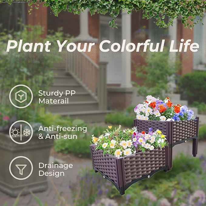 Plastic Raised Garden Bed Set of 2 Planter Grow Boxes 14.5 H Elevated Garden Boxes for Indoor &amp Outdoor Patio Vegetable Fruit Flower Herb
