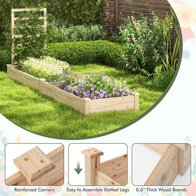 COSTWAY Raised Garden Bed with Trellis Outdoor Wooden Planter Kit for Flowers Herbs Vegetables Fruits &amp Climbing Vines Elevated Garden Planter for Patio 93 L x 25 W x 40 H