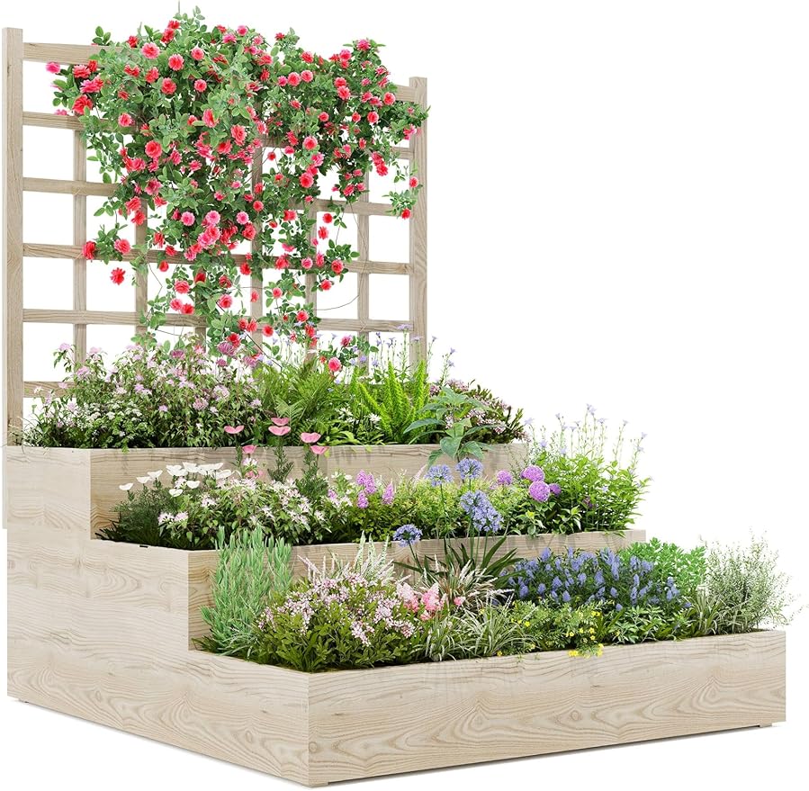Vertical Wooden Garden Planter with Trellis – 3-Tier Raised Bed for Climbing Vines Fruits Vegetables &amp Herbs – Open-Base Design for Better Drainage – Perfect for Patio Deck or Backyard