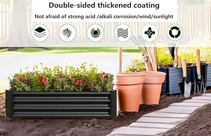 2 Pieces 4×2×1ft Raised Garden Planter Beds Outdoor Metal Planters Metal Flower Pool for Vegetables Herb Flowers Plants (Black)