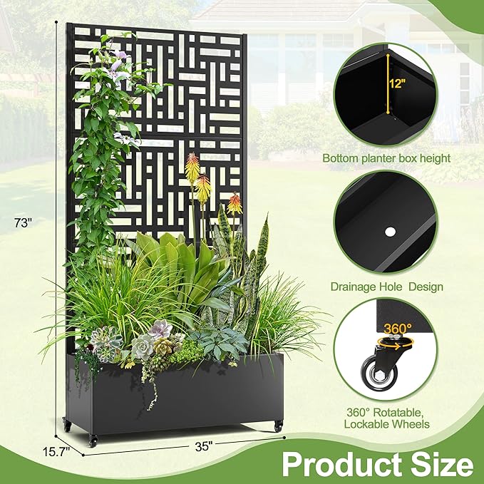 Raised Garden Bed with Trellis and Wheels73x35x16 Metal Raised Garden BedBlack Modern Metal Planter with Climbing Trellis for Vines &amp Vegetables