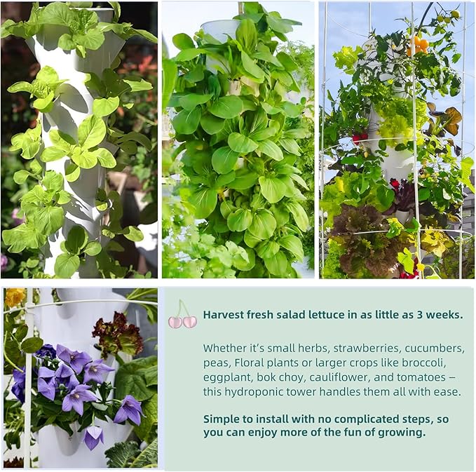 Hydroponic Growing System Kit Vertical Hydroponic Tower with Trellis Indoor &amp Outdoor Herb Garden Vegetable Tower with 40 Planting Pods Automatic Timer Ideal for Gardeners &amp Beginners