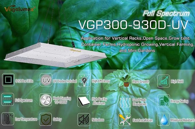 300W LED Grow Light Lamp with UV IR Diodes for Indoor Plants 4x4 5x5ft Coverage Commercial Grow Lighting and Dimmable Driver Sunlike Full Spectrum VGP3000 912pcs LEDs Plant Growing Light