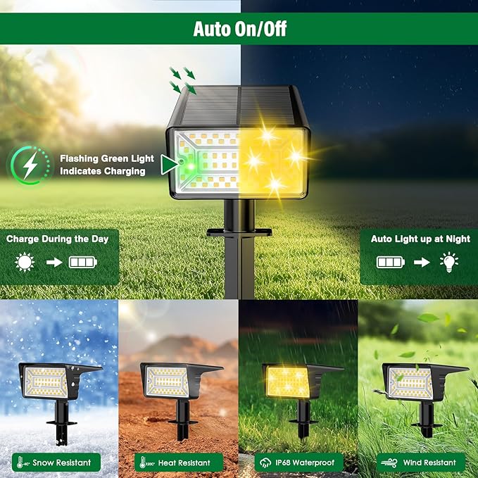 4 Pack Warm White&amp6 Pack Cool White Solar Spot Lights Outdoor with 60 LED &amp Auto On/Off Solar Lights Outdoor Waterproof IP68 with 3 Lighting Modes 2-in-1 Solars Landscape Light for Outside